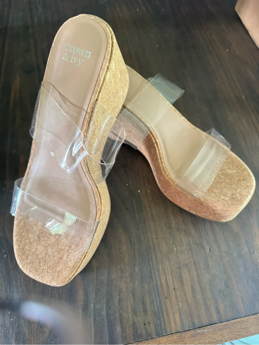 crown & ivy Clear Strap Cork Platform Wedges - Beige